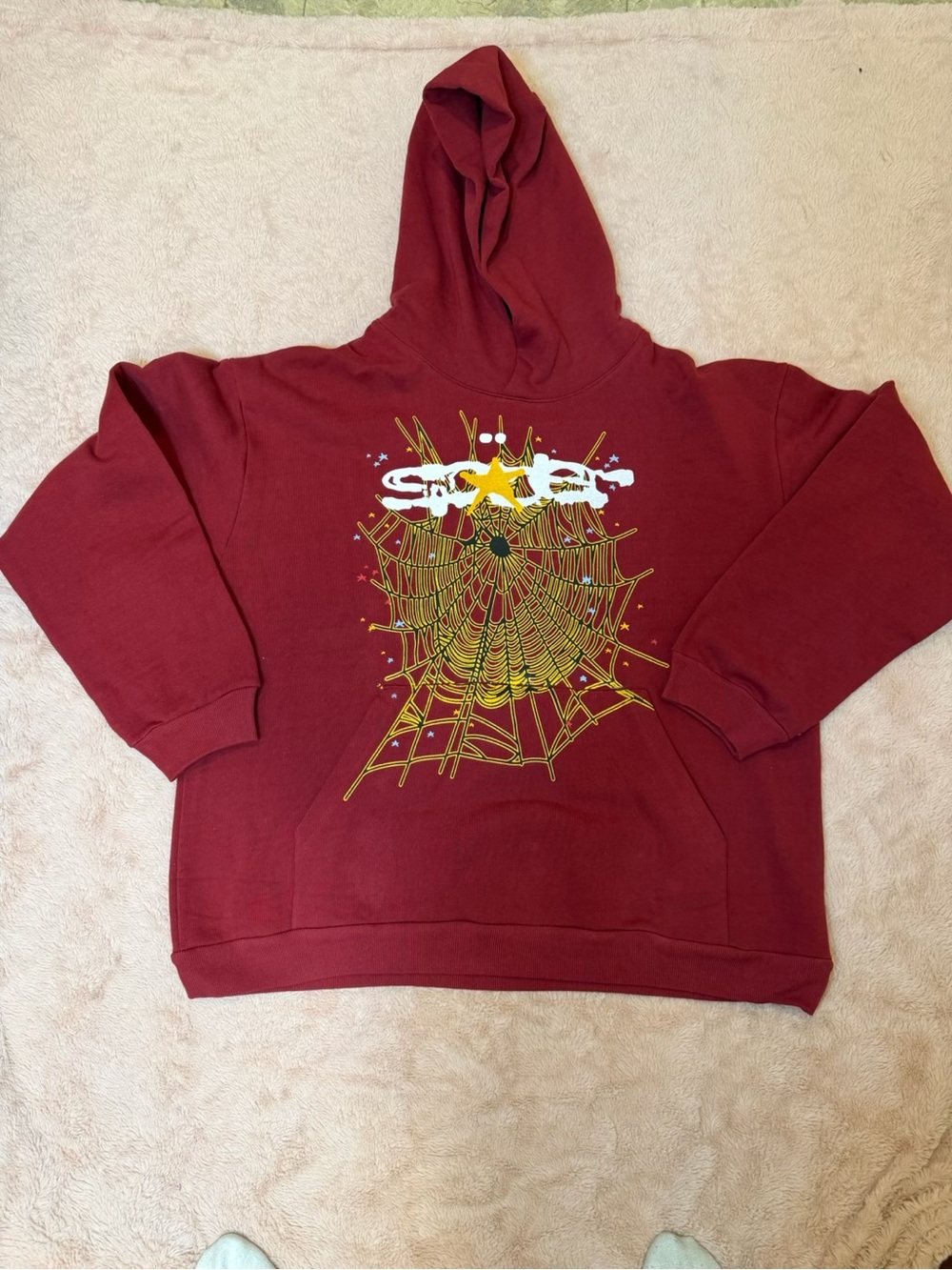 Maroon Crewneck Hoodie with Yellow & White Spider Web Graphic